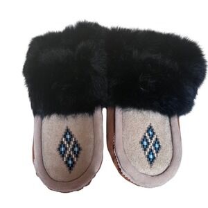 Handmade Suede Moccasin Slippers Black‎ Rabbit Fur Trim Beaded Mens 10 Tan New